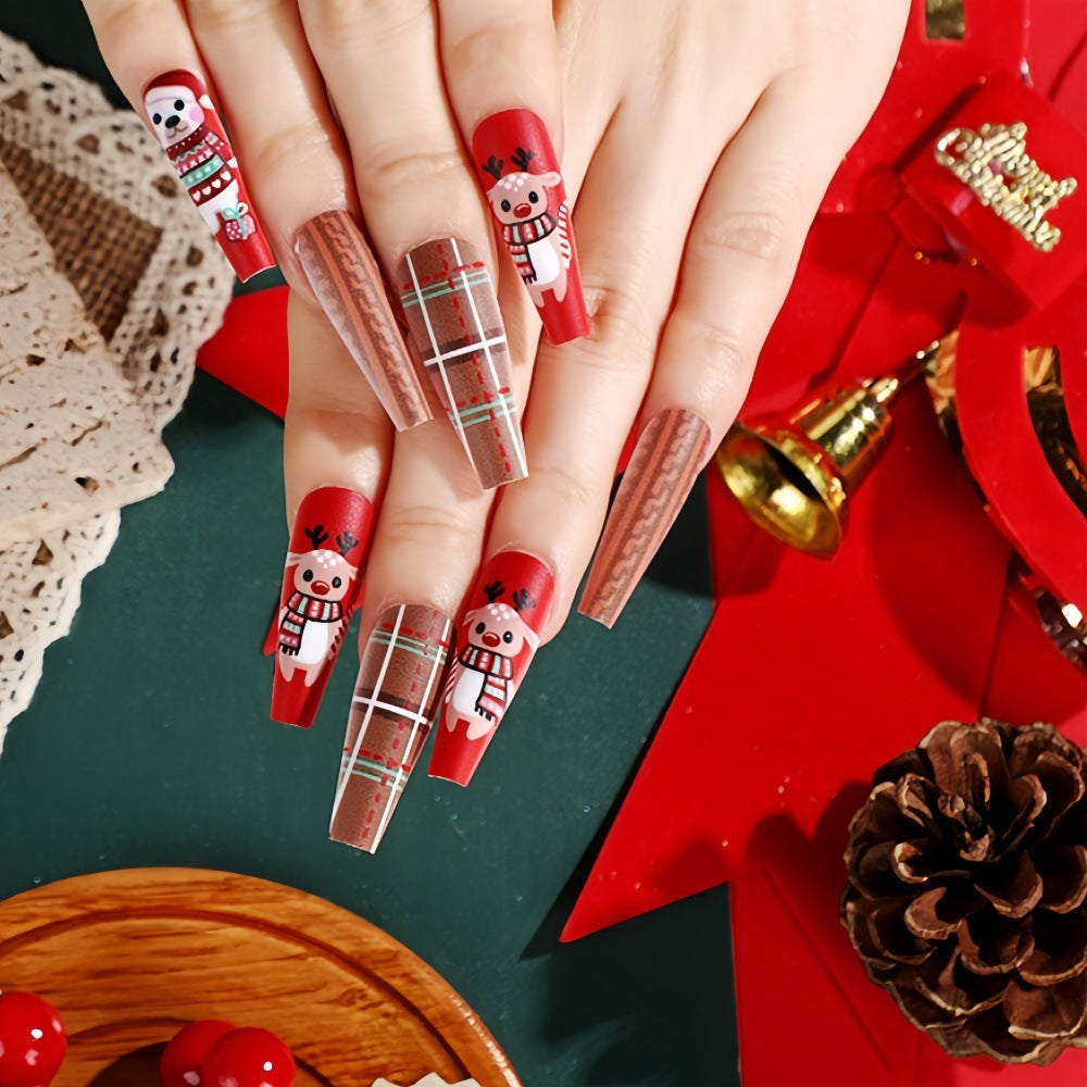 Coffin Press-On Nails with Polar Bear & Snowman Designs – Long Glue-On Nails