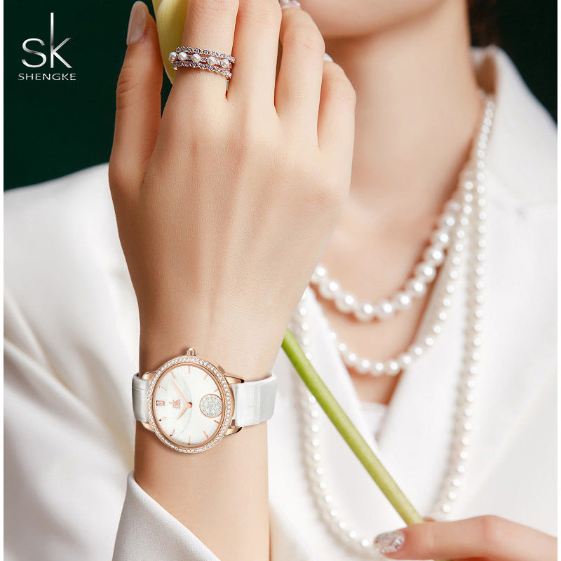 SK Women’s Diamond Quartz Watch – Casual Leather Strap, 30M Waterproof Round Dial