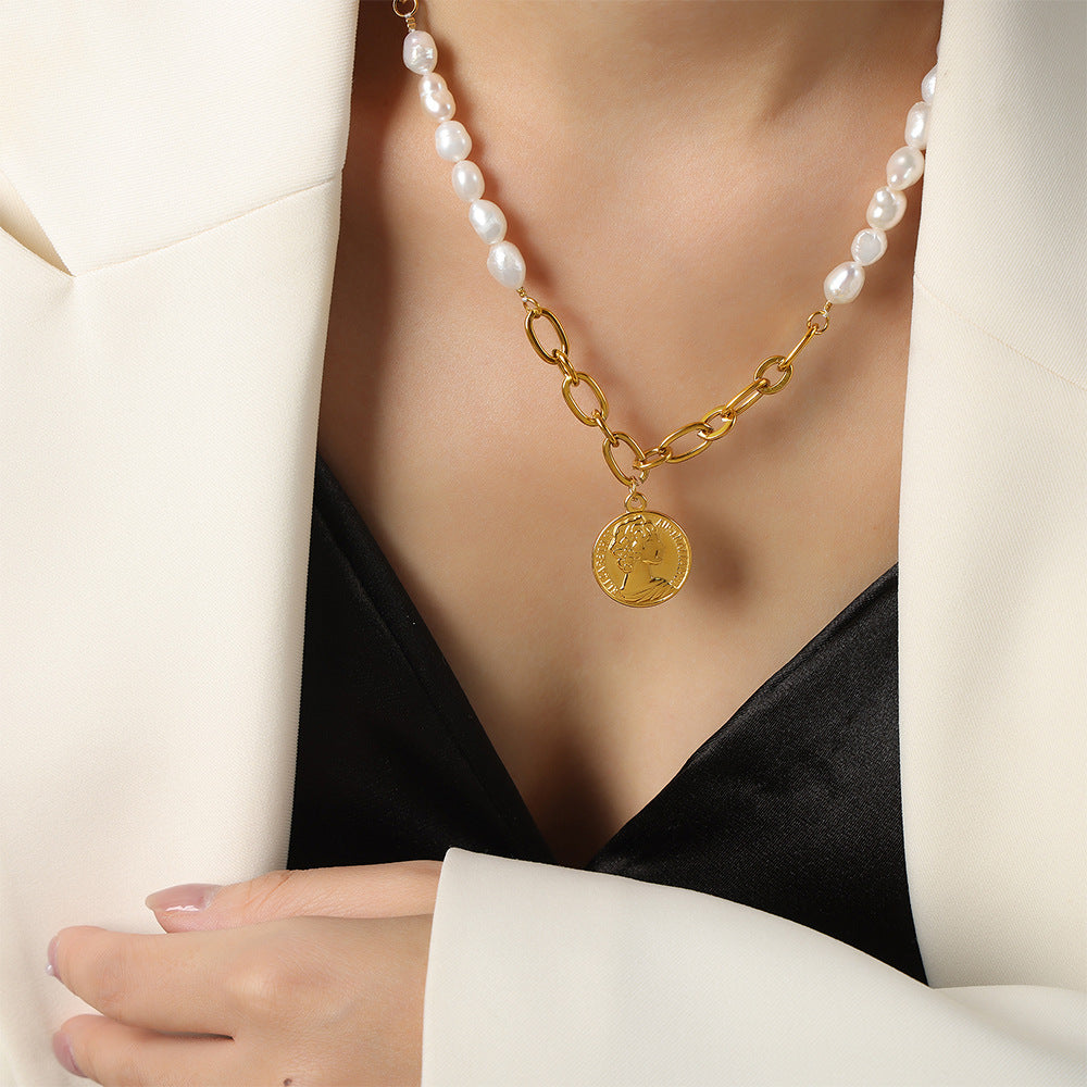 Gold Vintage Pearl Necklace with Freshwater Pearl Pendant – Titanium Steel Jewelry