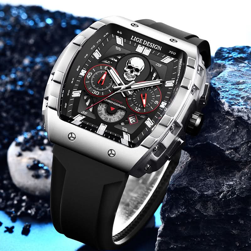 Men’s Skull Dial Quartz Watch – Luminous Barrel-Style Timepiece