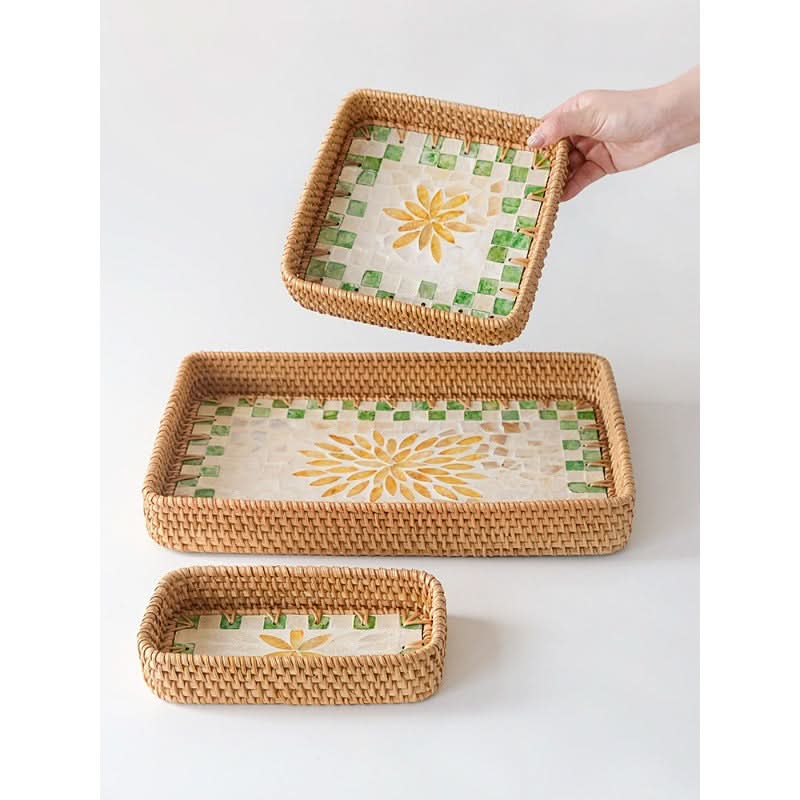Natural Rattan Shell Tray Set - 3-Piece Square Fruit & Snack Storage
