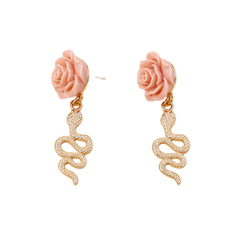 Women’s Geometric Rose Earrings – Retro Snake-Shaped Metal Long Drop Design
