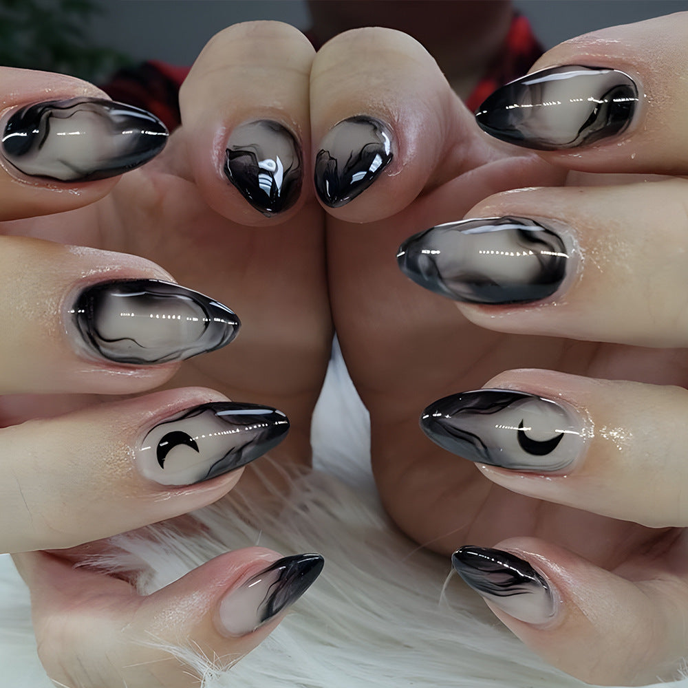 Marble French Almond Press-On Nails – Black & Nude Medium Crescent Design Nails