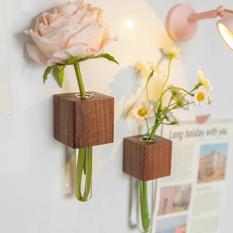 Magnetic Wooden Flower Vase – Test Tube Fridge Decor, Solid Wood Mini Planter