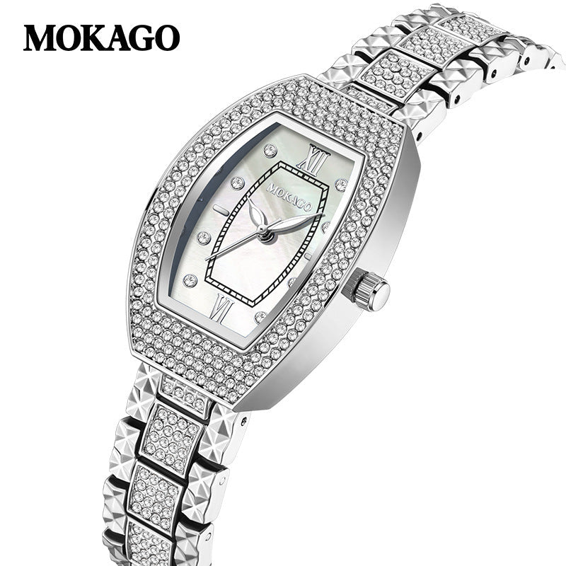 Mokago Elegant Women’s Diamond Quartz Watch – Mother-of-Pearl Dial, Luminous Timepiece