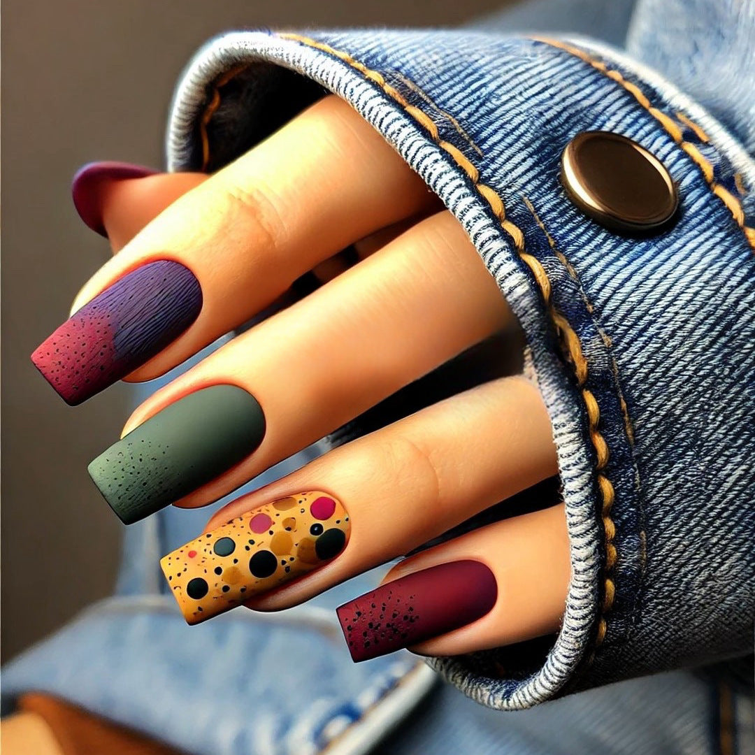 Matte Bold Square Press-On Nails – Long Acrylic with Gradient & Polka Dot Design