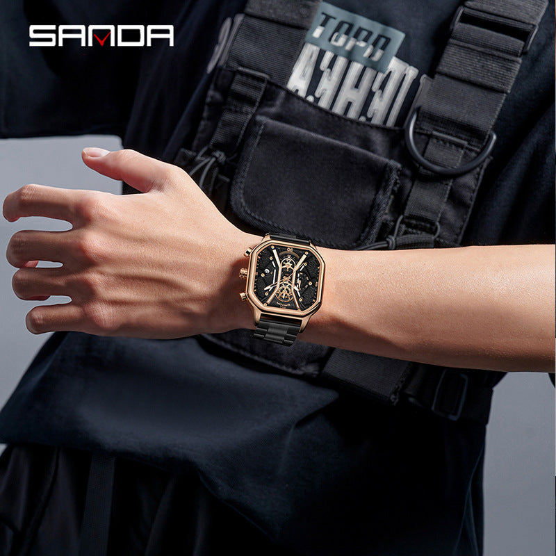 SANDA Men's Square Quartz Watch – Luminous Calendar Waterproof Stainless Steel Strap