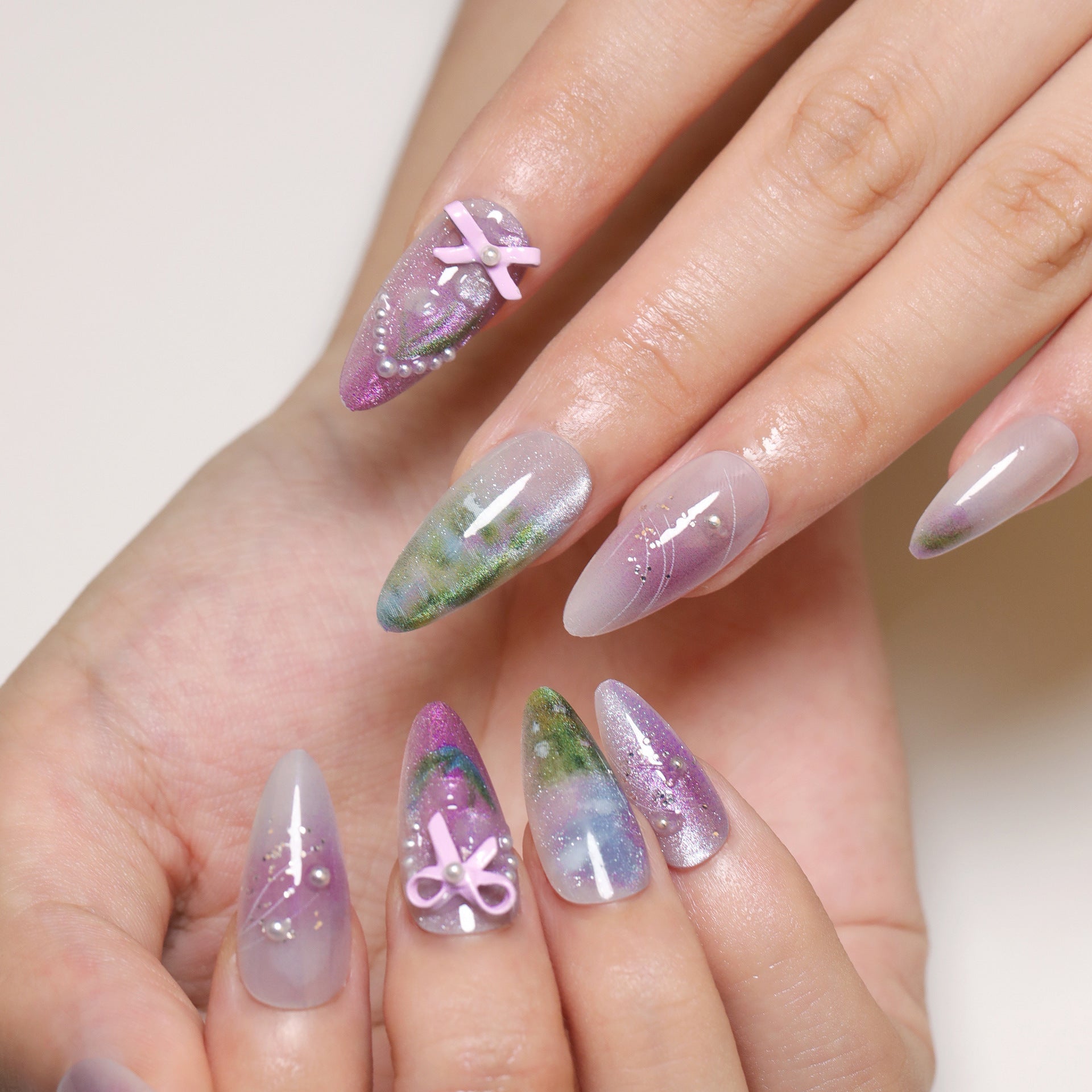 Whimsical Iridescent Almond Press-On Nails – 3D Bow & Pearl, Long Artistic Glue-On Set