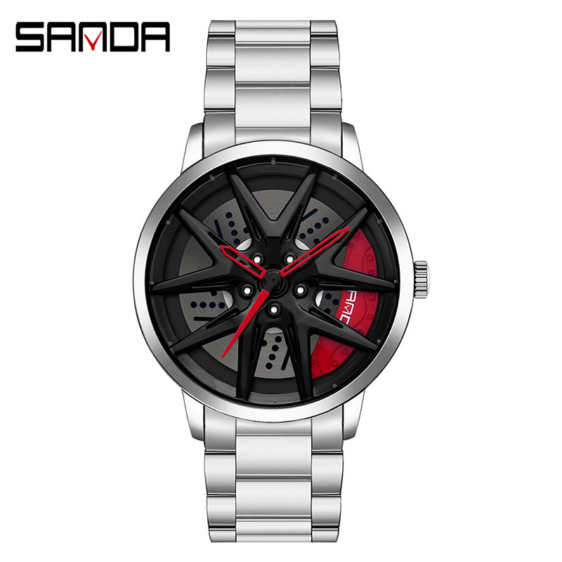 Sanda Men’s Quartz Watch – Wheel Dial, Stainless Steel Strap, Waterproof Sport Timepiece