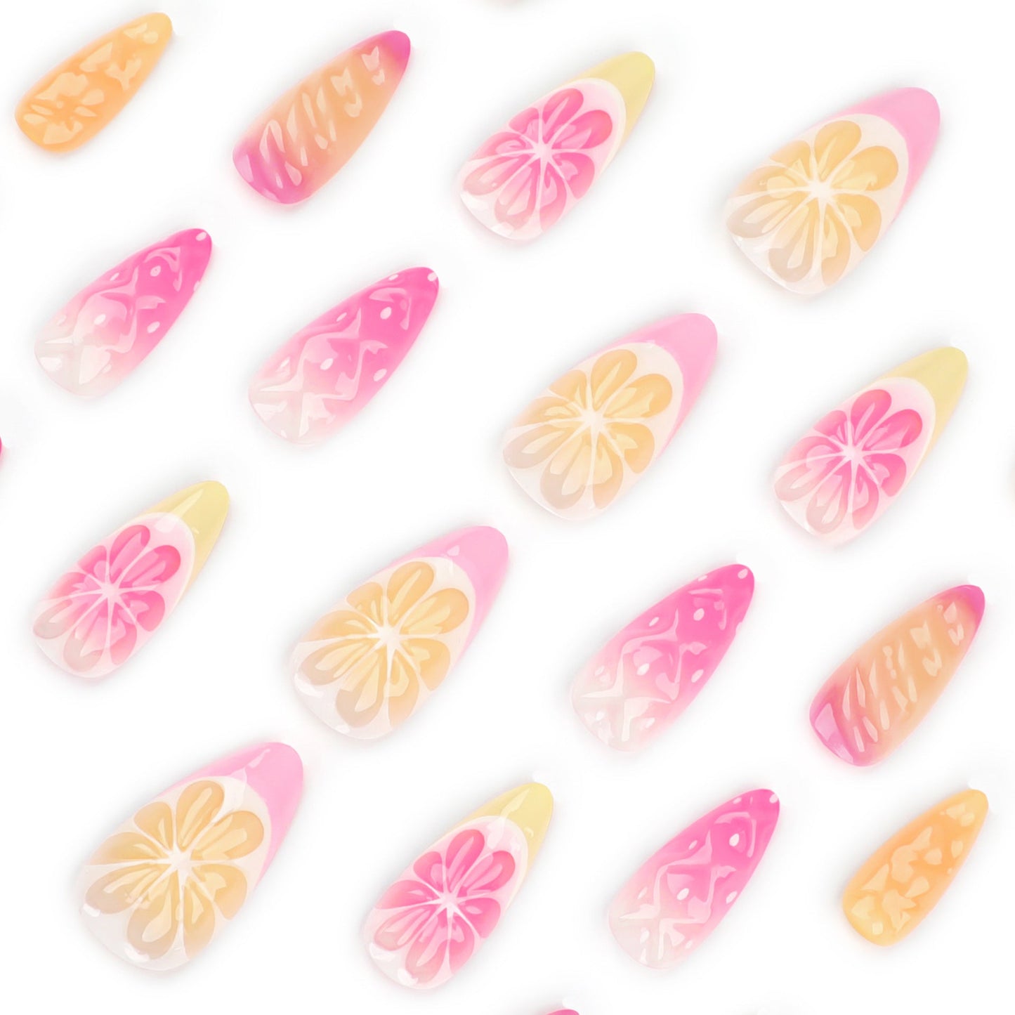 3D Fruit Press-On Nails – Medium Coffin Glue-On Tips with Floral Gradient Design