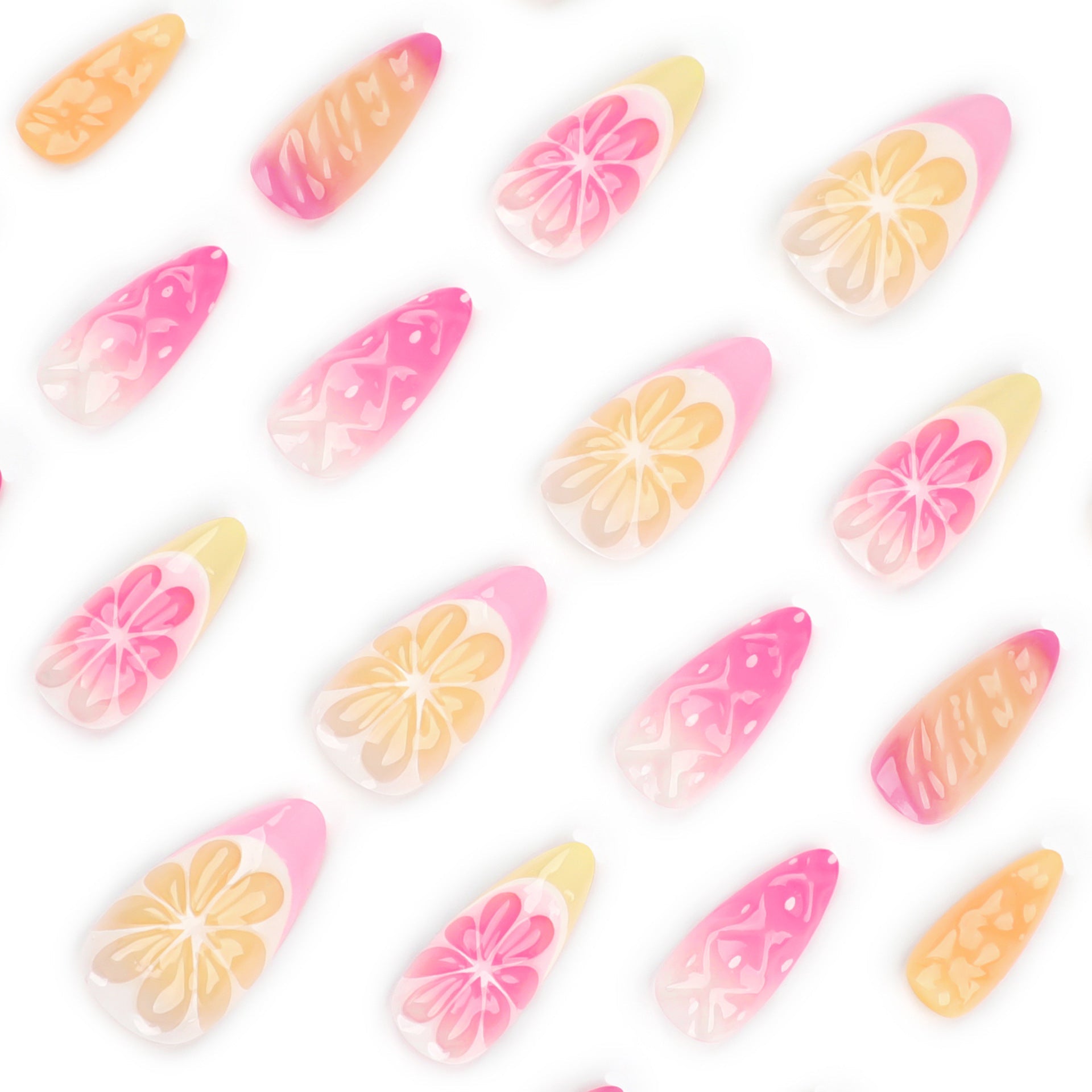 3D Fruit Press-On Nails – Medium Coffin Glue-On Tips with Floral Gradient Design