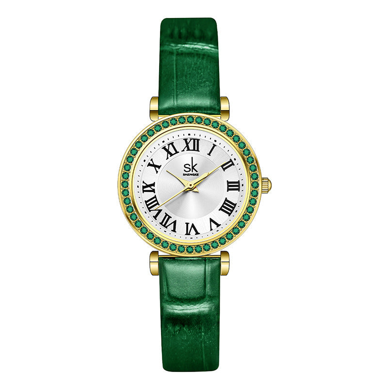 SK Women’s Quartz Watch – Diamond-Studded Dial, Waterproof Fashion Wristwatch