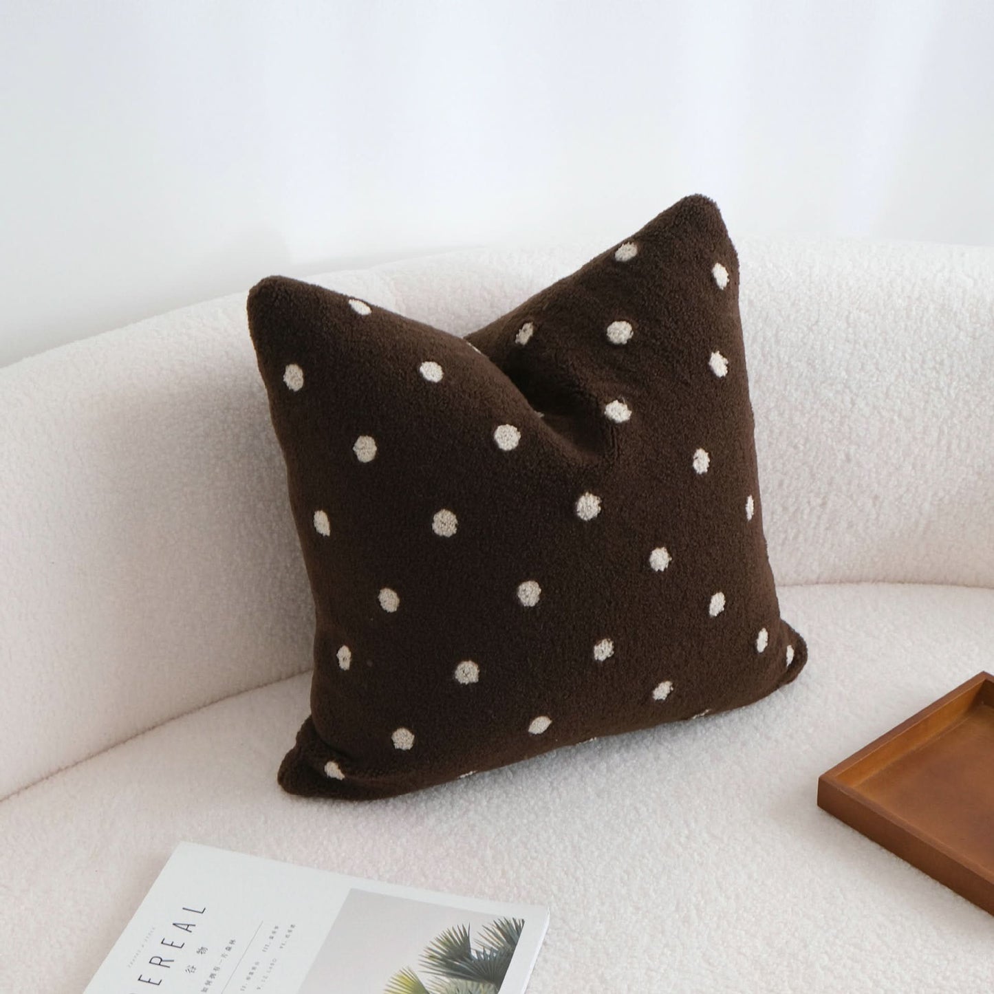 Contrast Color Polka Dot Milk Coffee Embroidery Pillow  Fleece Decorative Cushion