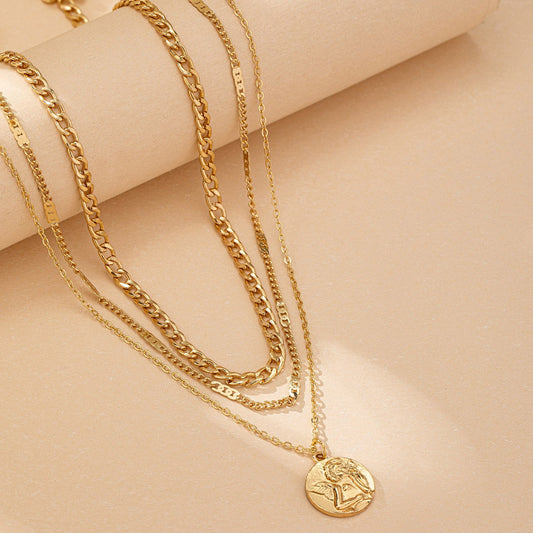 Gold Layered Circle Pendant Necklace – Trendy Multi-Layer Clavicle Chain for Women