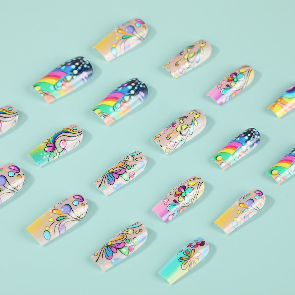 Rainbow Floral Press-On Nails – Medium Square Acrylic Set with Whimsical Design