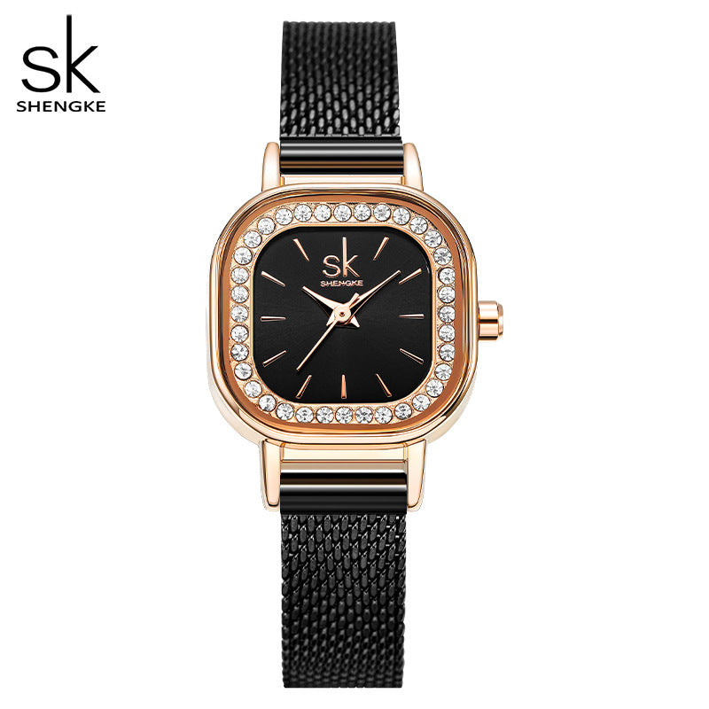 SK Women’s Diamond Quartz Watch – Square Dial, Waterproof Mesh Strap Timepiece