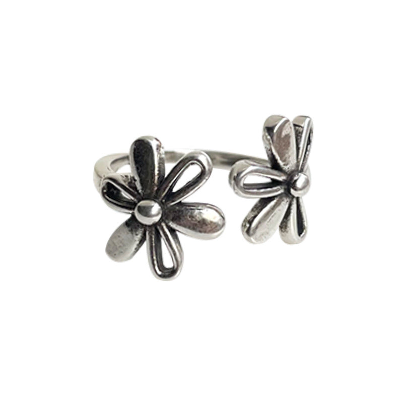 Silver Floral Open Ring for Women – Adjustable Retro Flower Jewelry in Instagram Style