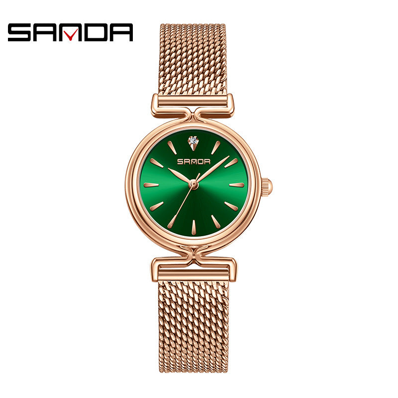 Sanda Women’s Mesh Quartz Watch – Round Dial, Waterproof Stainless Steel Analog Watch