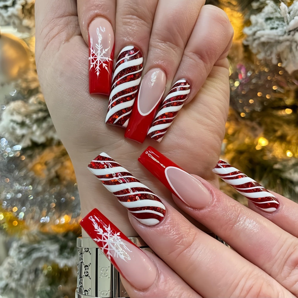 Long Coffin Snowflake Press-On Nails – Red & White Striped Acrylic Set