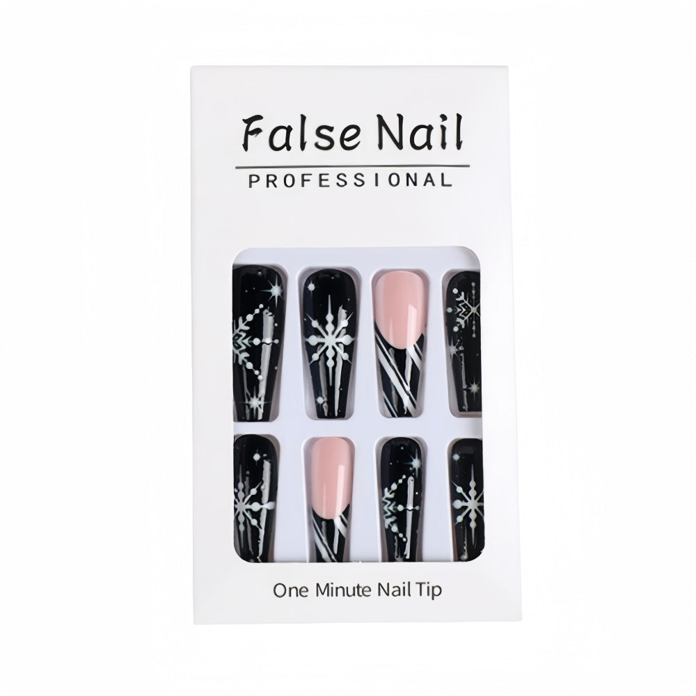 Elegant Black & Nude Coffin Press-On Nails with Snowflake & Striped Design