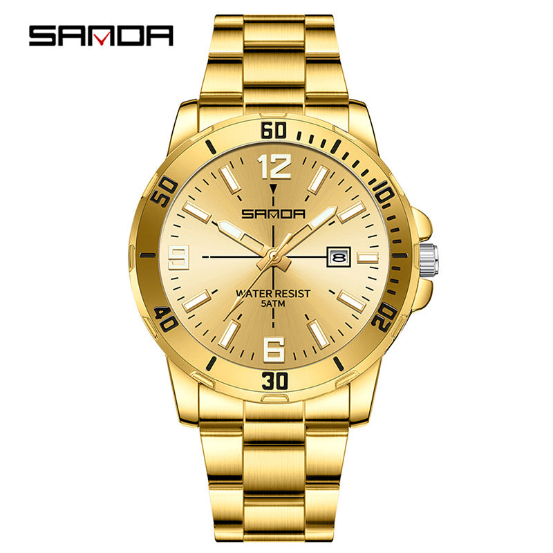SANDA Men’s Large Dial Quartz Watch – Luminous Stainless Steel Wristwatch with Calendar