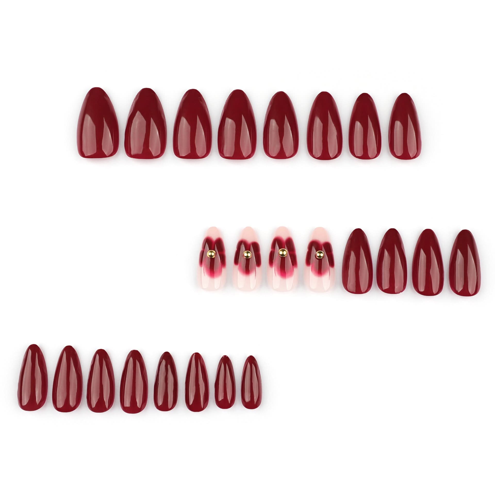 Short Almond Red Press-On Nails – Elegant Floral False Nails