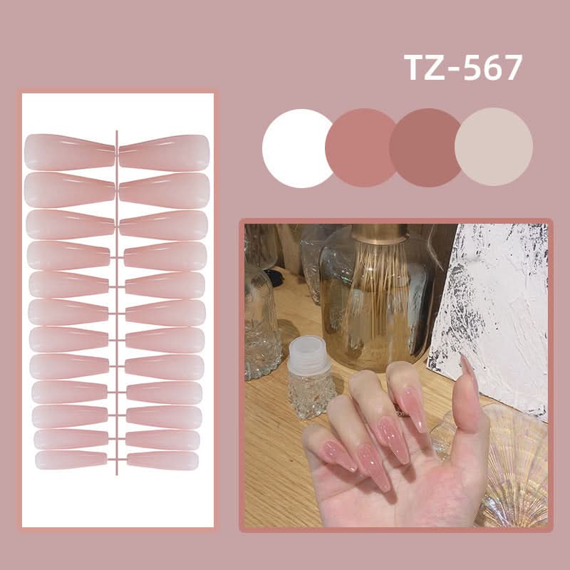 Long Ballet Shiny Trapezoidal Nail Stickers – 24-Piece Solid Color Set