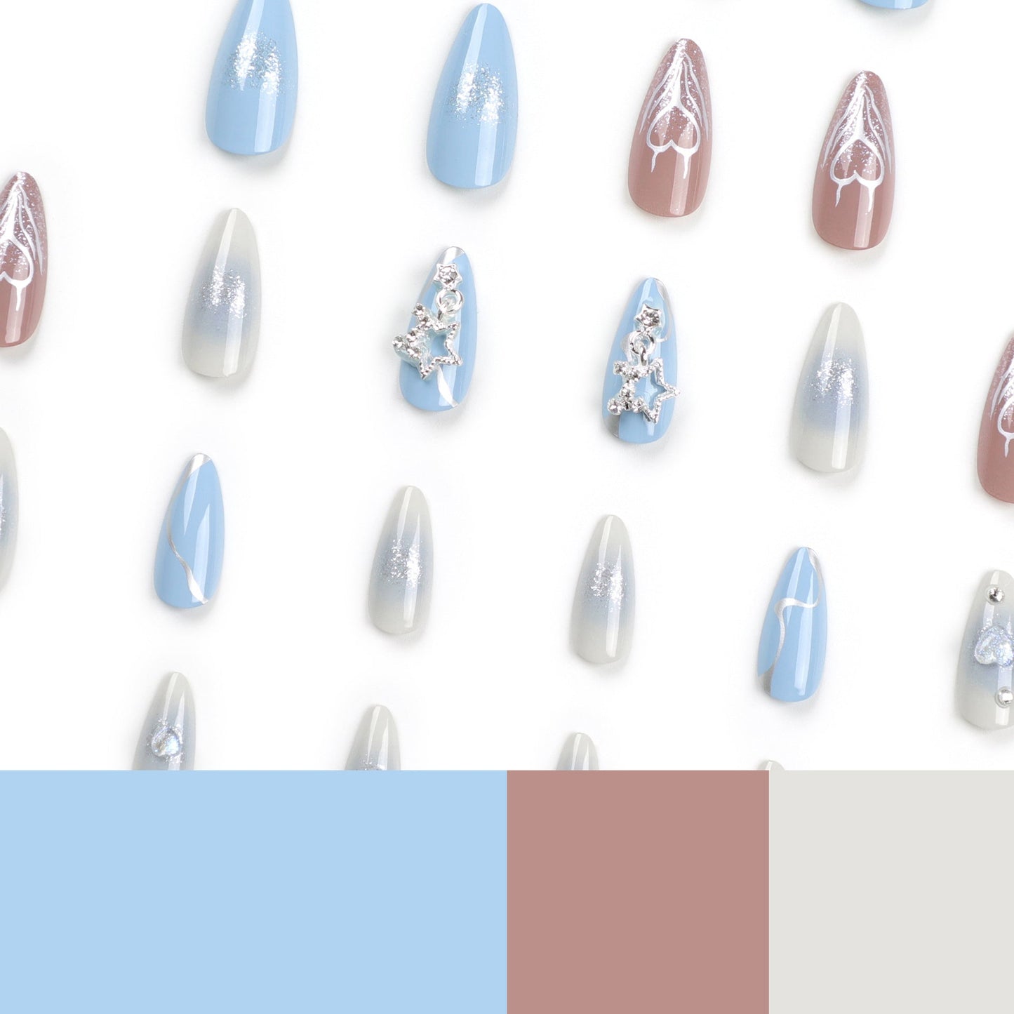 Long Blue Almond Press-On Nails with Stars & Chrome – Celestial Glam Nail Art Set