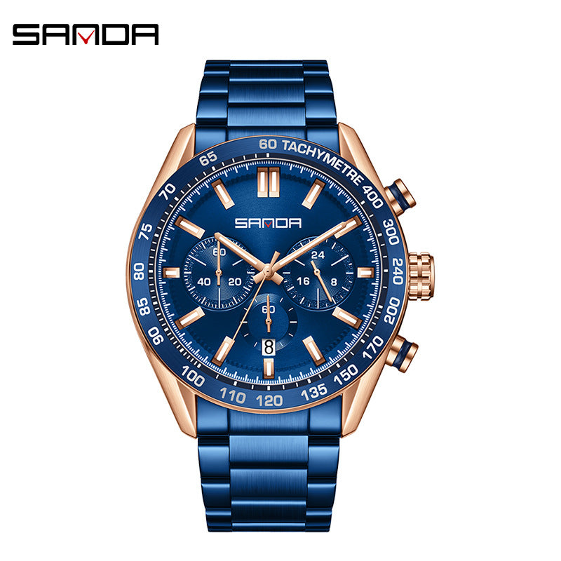 Sanda Men's Quartz Watch – Three-Eye Calendar Stainless Steel Strap Waterproof