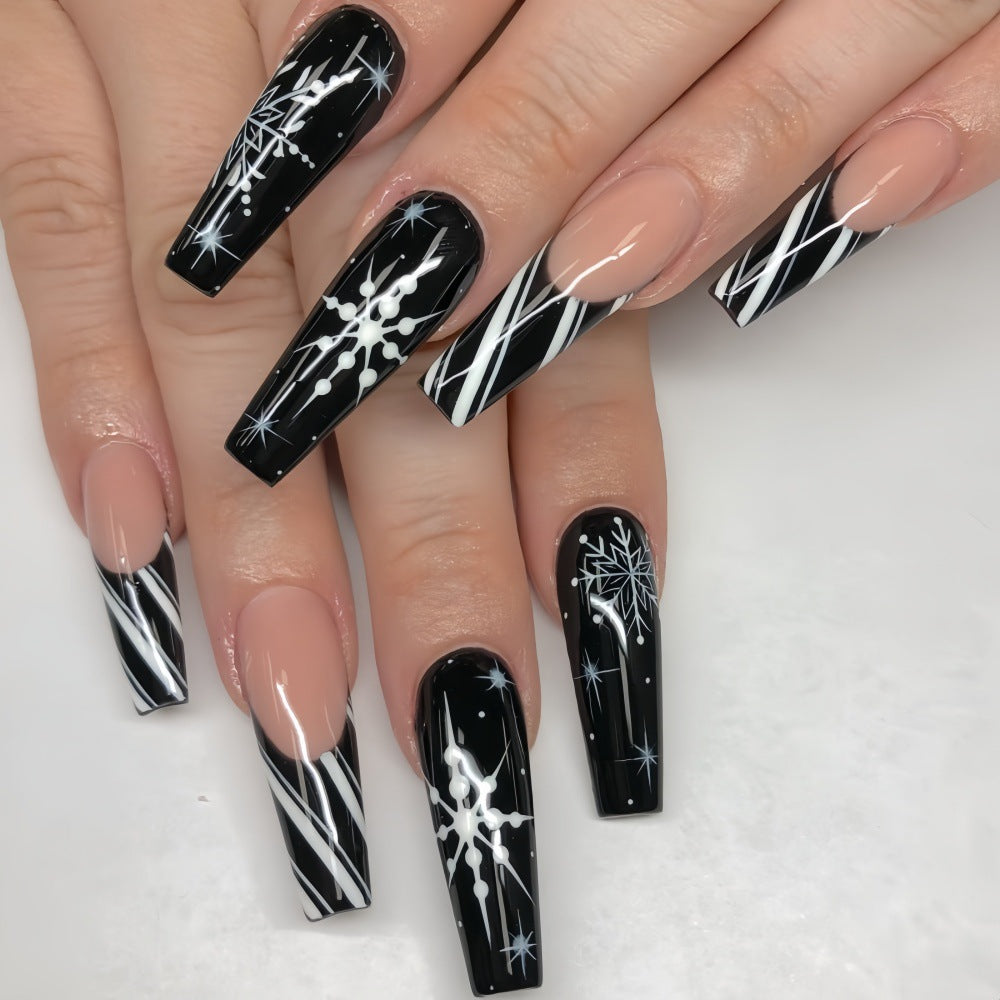 Elegant Black & Nude Coffin Press-On Nails with Snowflake & Striped Design