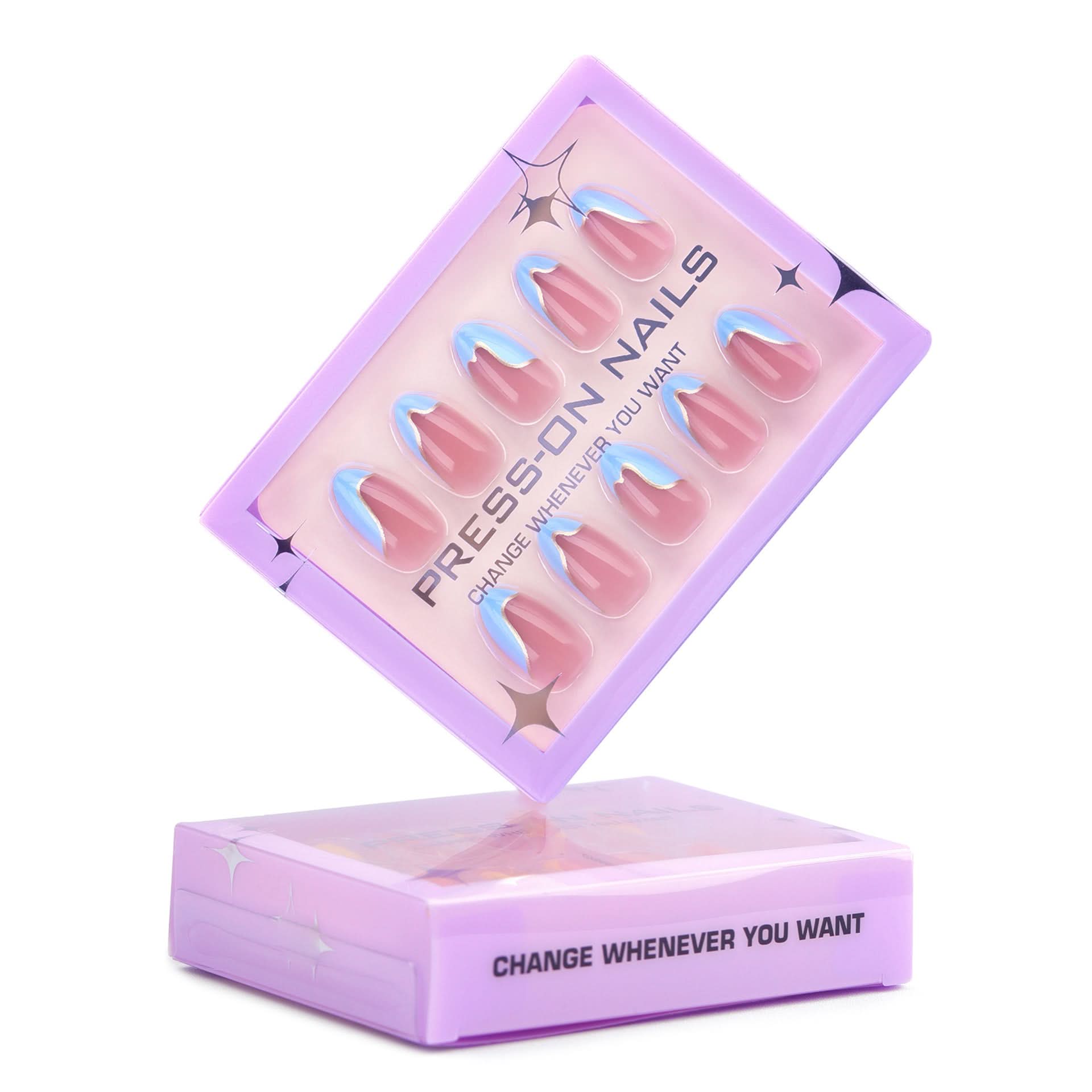 French Blue & Pink Press-On Nails – Short Almond-Shaped Wavy French Tip Design