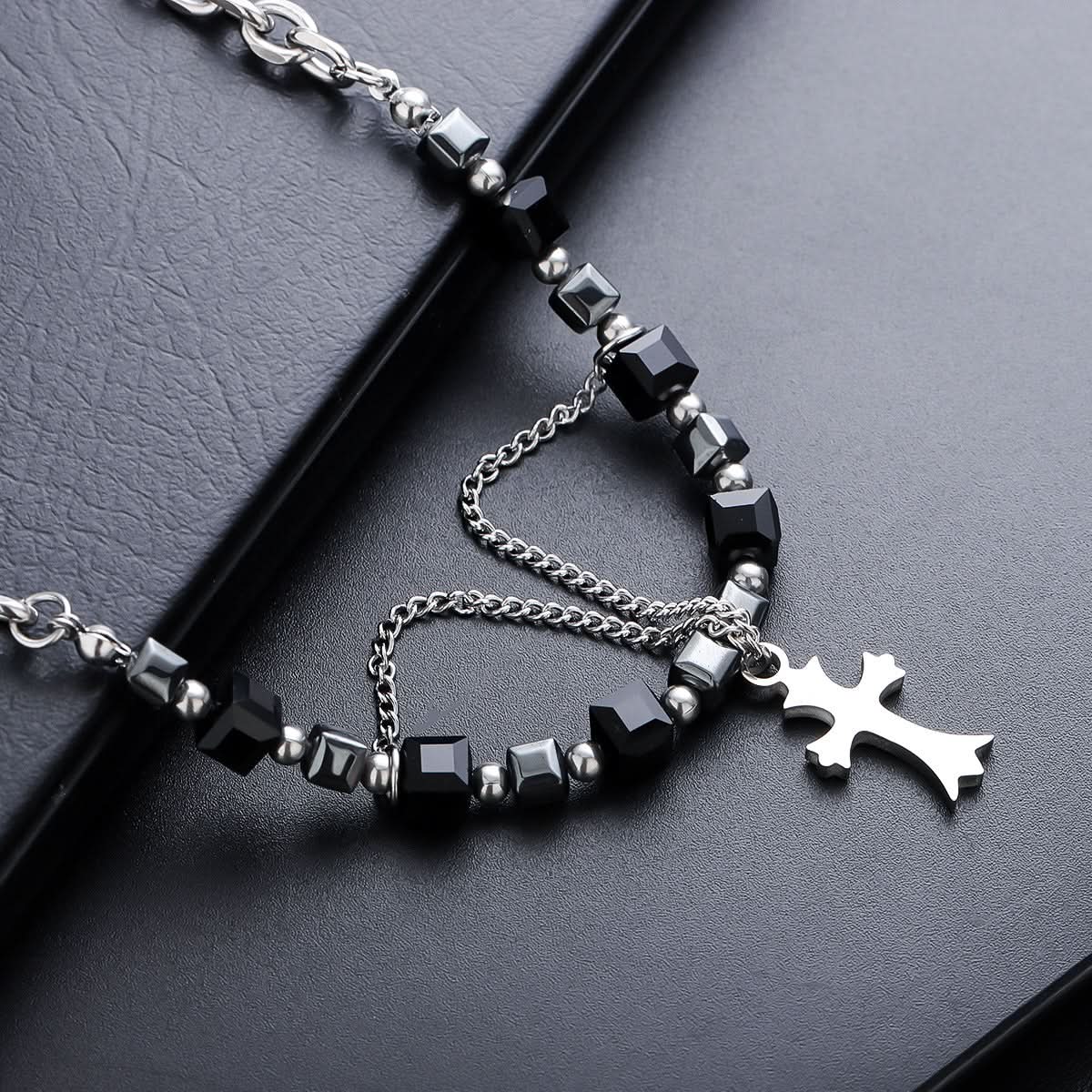 Men's Double Cross Necklace – Square Beaded Pendant