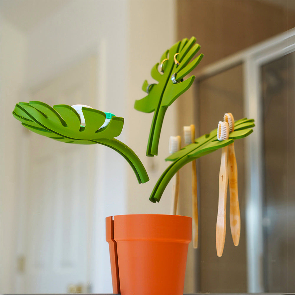 Bamboo Leaf Bathroom Organizer with Mirror Finish – Wall-Mounted Toothbrush Holder & Storage Rack