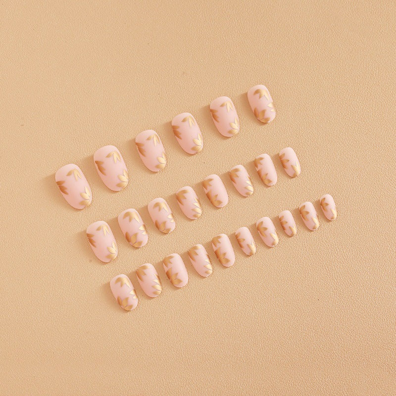 Matte Nude & Gold Leaf Press-On Nails – Oval Acrylic Medium Glue-On Set