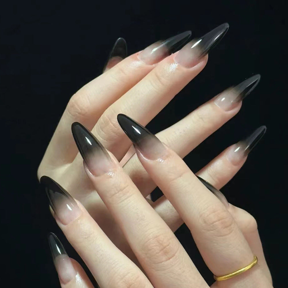 Bold Stiletto Press-On Nails with Black Gradient Ombre Design, Glue-On Nails