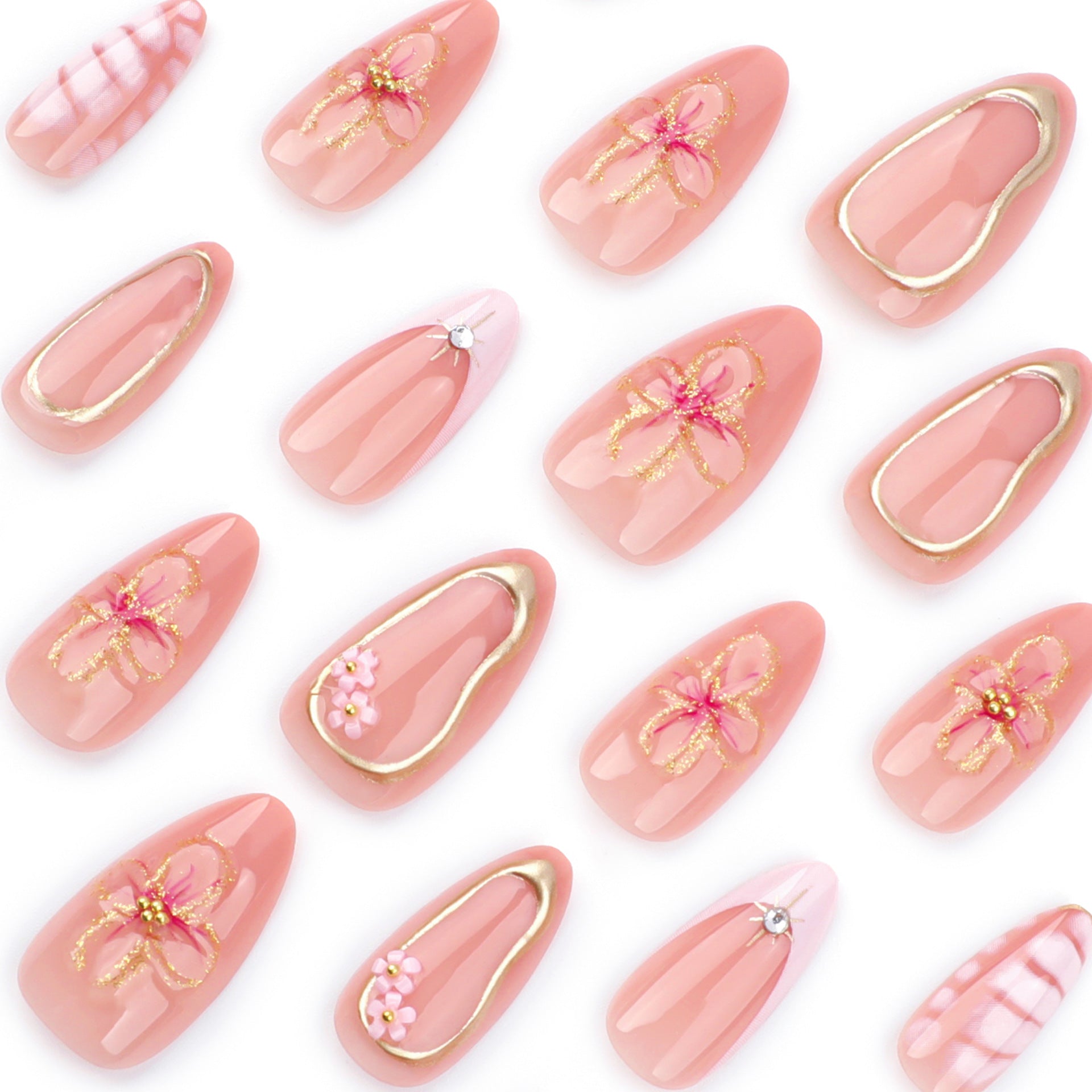 Elegant Pink Floral Press-On Nails – Long Almond, 3D Flowers & Gold Detailing