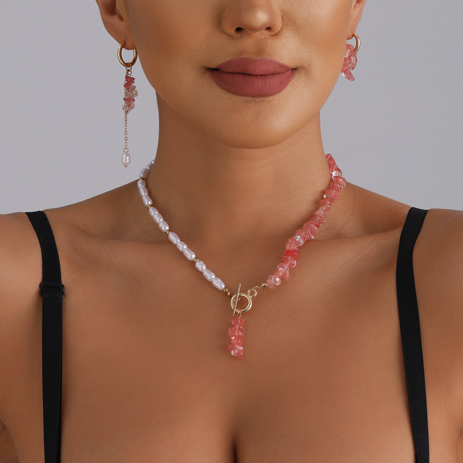Rose Crystal Necklace Set – Elegant Pink Gemstone Clavicle Chain With Earrings for Women