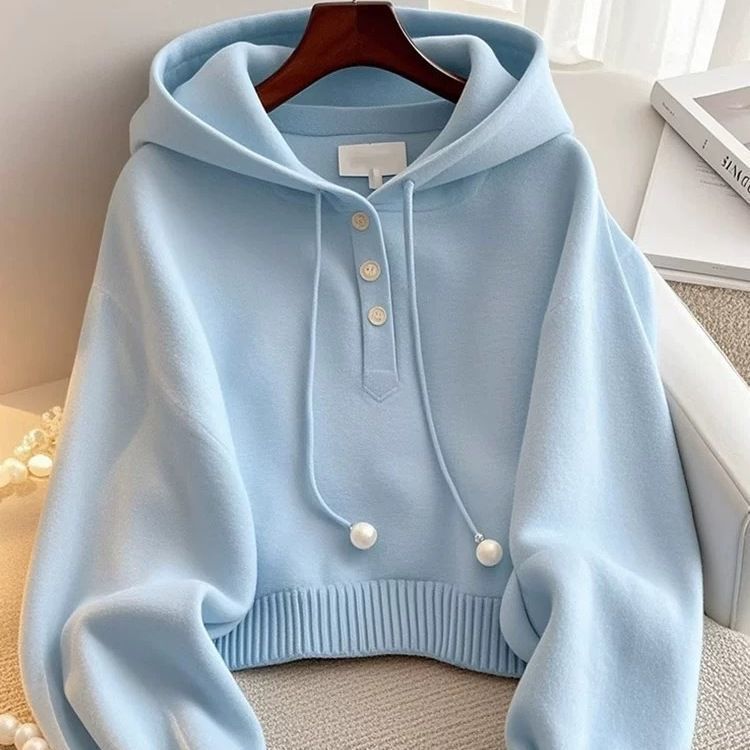 Chic Blue Hooded Sweatshirt for Women – Korean Style Drawstring Knit, Comfortable & Stylish Casual Wear