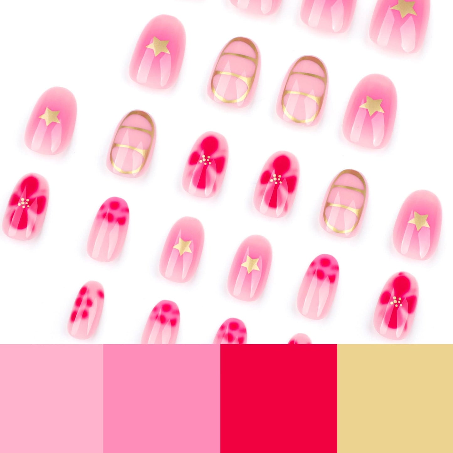 Floral Star Press-On Nails – Short Round Reusable Fake Nails