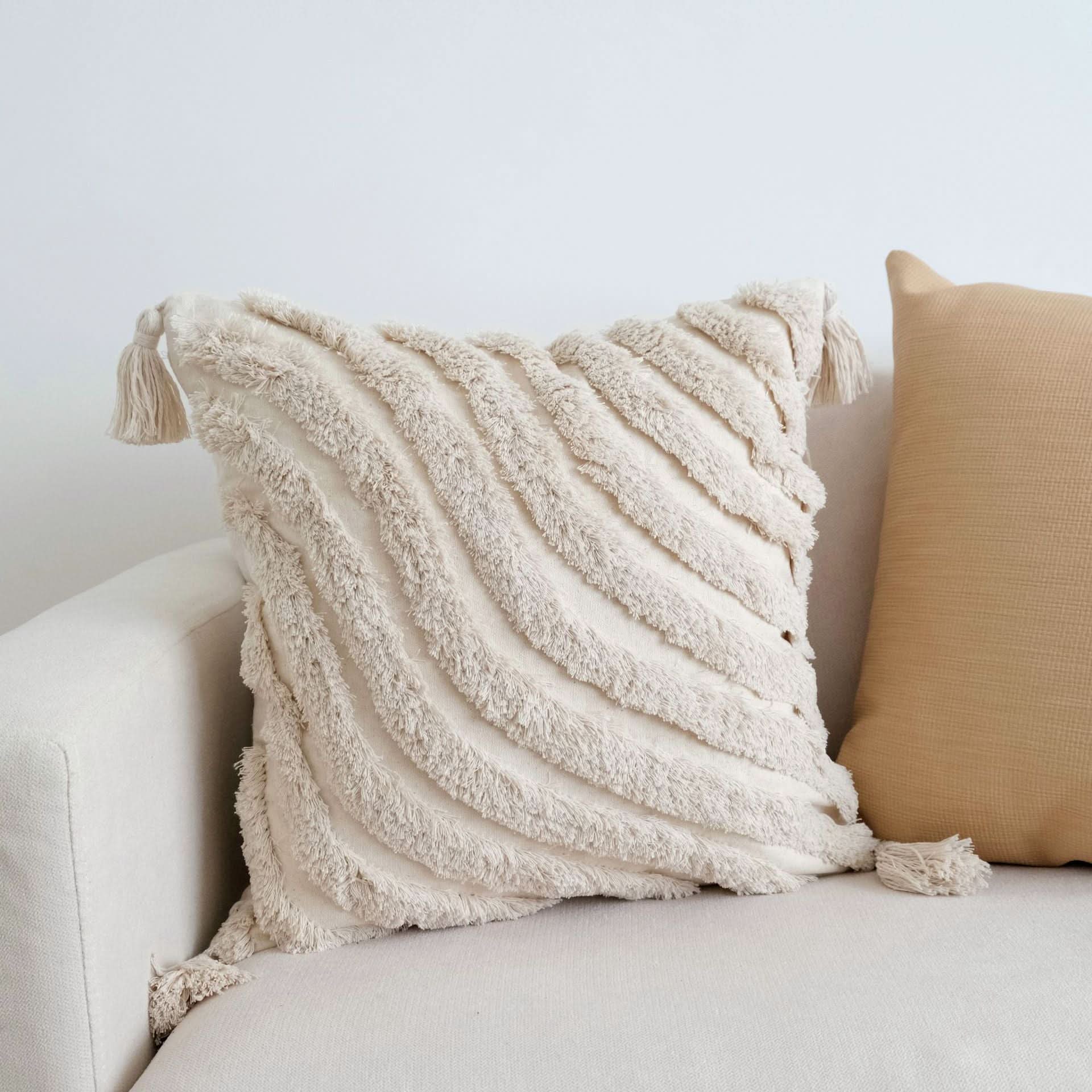 Tufted Cotton and Linen Pillow - Tassel Decorative Cushion Cover