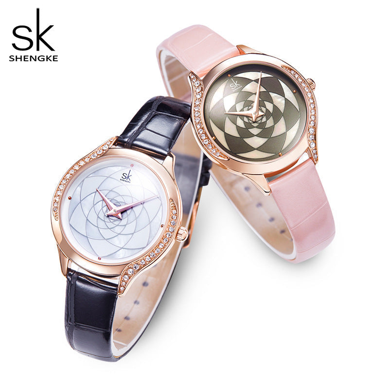 SK Women’s Diamond Quartz Watch – Luxury Leather Strap, 30M Waterproof, Fashion Design
