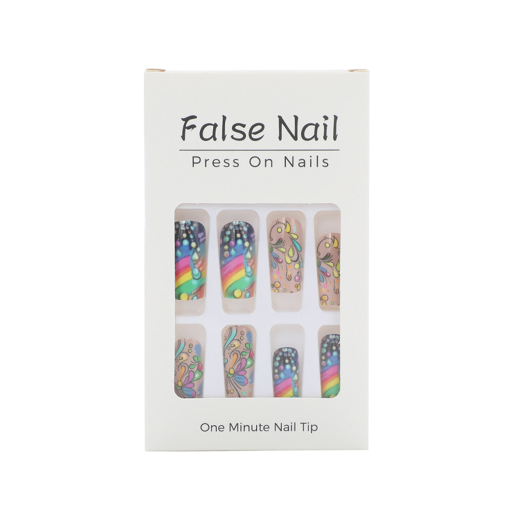 Rainbow Floral Press-On Nails – Medium Square Acrylic Set with Whimsical Design