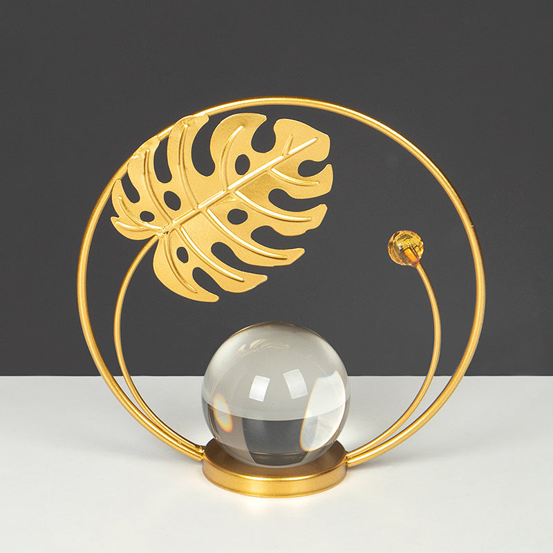 Modern Gold Iron Crystal Ball Leaf Ornament – Home Decor Accent