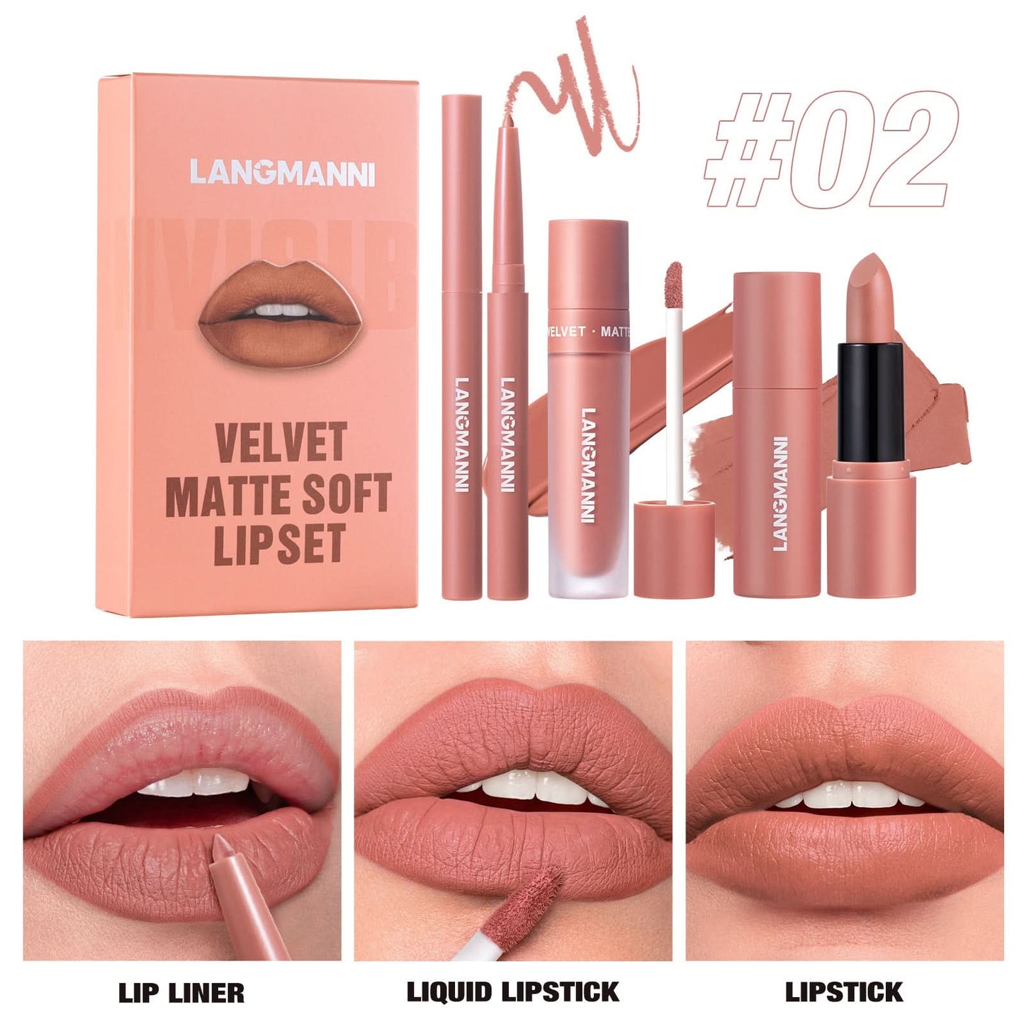 LANGMANNI 3-Piece Lip Kit – Matte Liquid Lipstick & Lip Liner Set