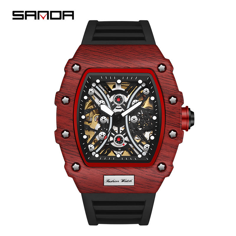 Sanda Men’s Barrel-Shaped Automatic Mechanical Watch – Luminous Hollow Dial