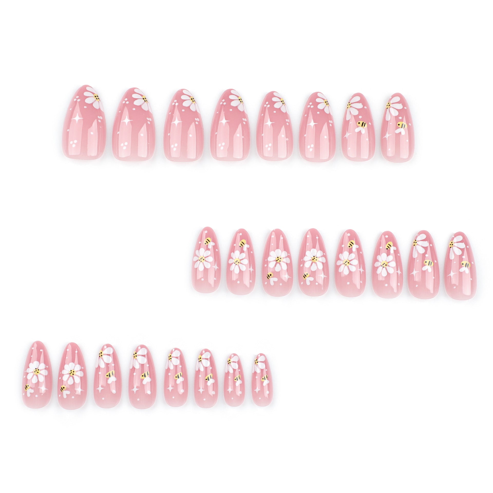 Cute Bee & Daisy Press-On Nails – Pink Almond Glossy Tips Nails