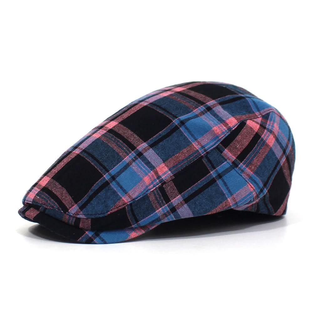 Retro Plaid Beret Hat – Unisex Cotton Duckbill Cap, Breathable Flat Top Design