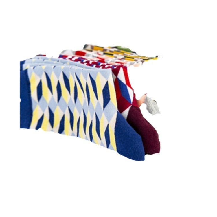 Unisex Cotton Crew Socks – British Style Geometric Pattern Casual Socks (40–46)