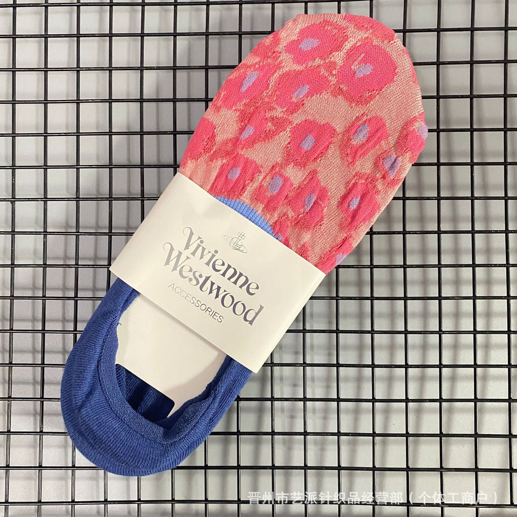 Women’s Invisible Cotton Socks – Non-Slip Boat Socks with Saturn Embroidery (One Size)