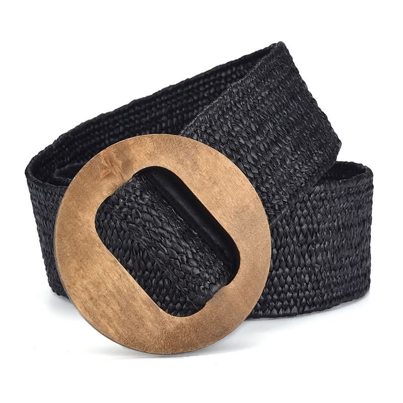 Women's Woven Elastic Belt – Stretch Waistband with Wooden Buckle